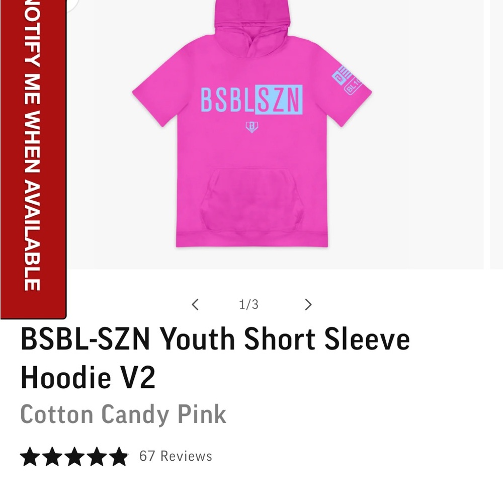 BSBL-SZN Youth Short Sleeve Hoodie in Vibrant Pink